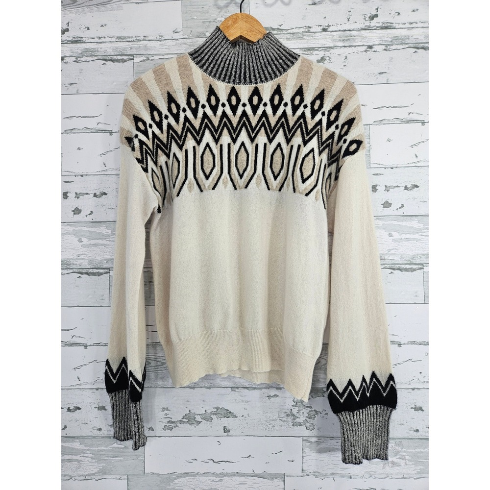 Brodie Fine Cashmere Sweater Womens Medium Cream Black Geometric Mock Neck Knit